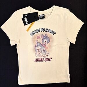 Minga London Cropped Baby Tee XL – "Ready to Start Some Shit" Graphic Fawn NWT